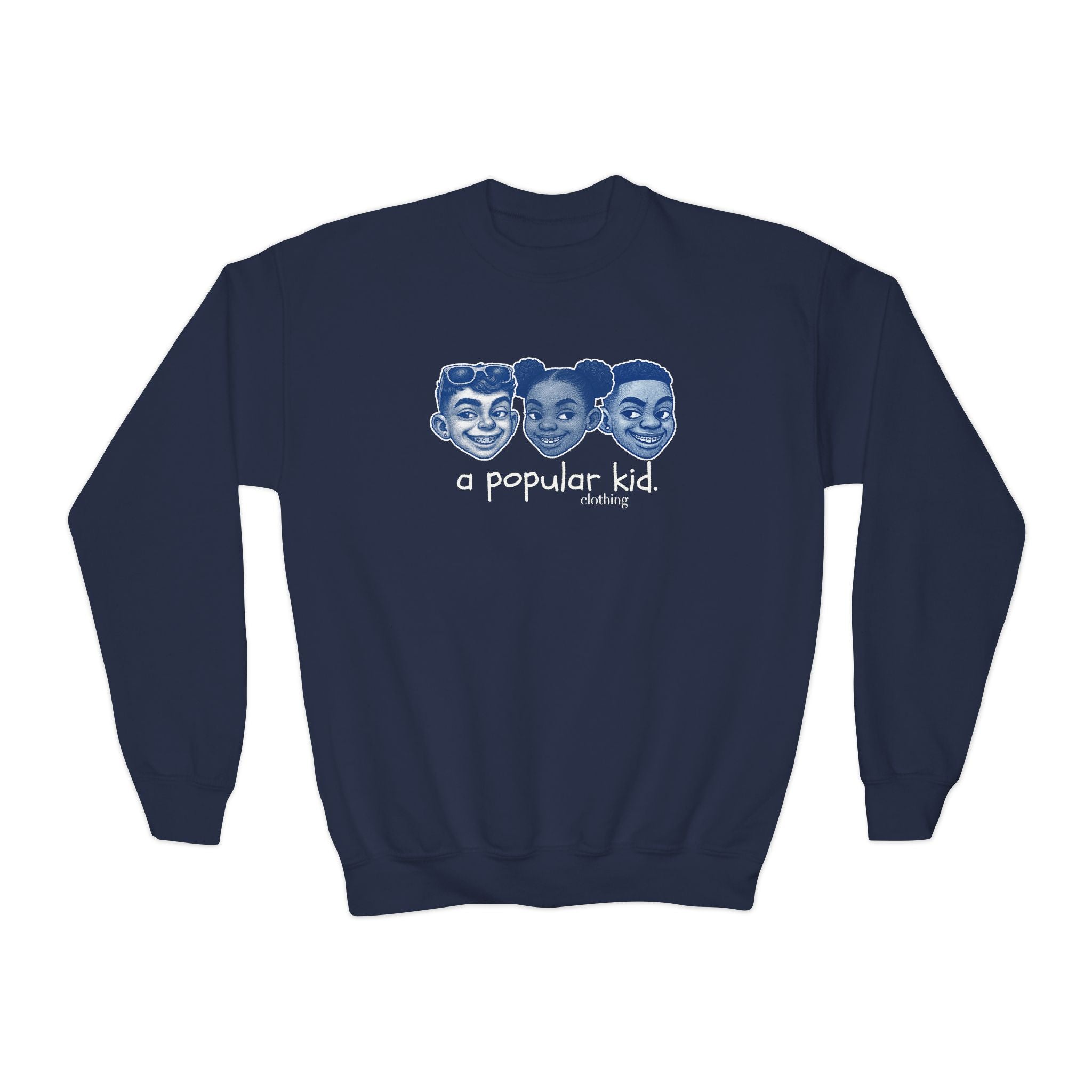 A Popular Kid Youth Crewneck Sweatshirt — Retro Cartoon Faces "A Popular Kid" Graphic