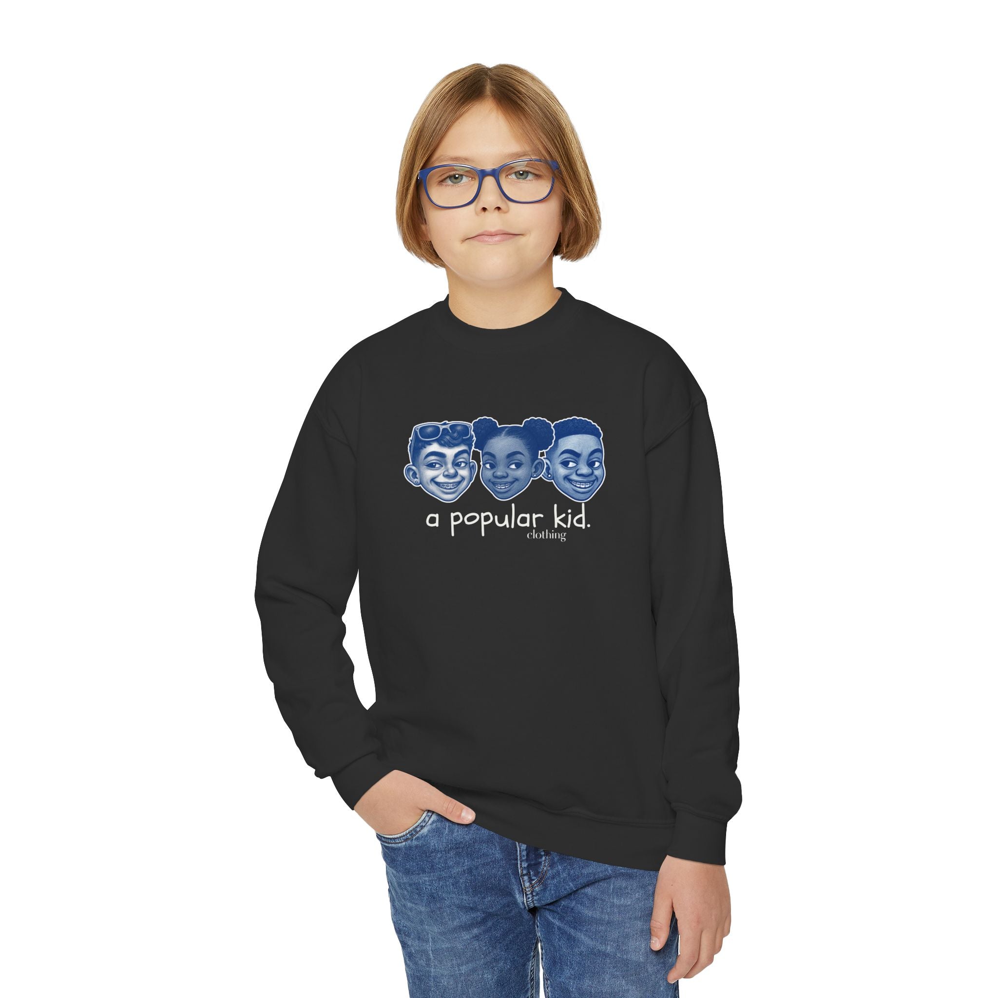 A Popular Kid Youth Crewneck Sweatshirt — Retro Cartoon Faces "A Popular Kid" Graphic