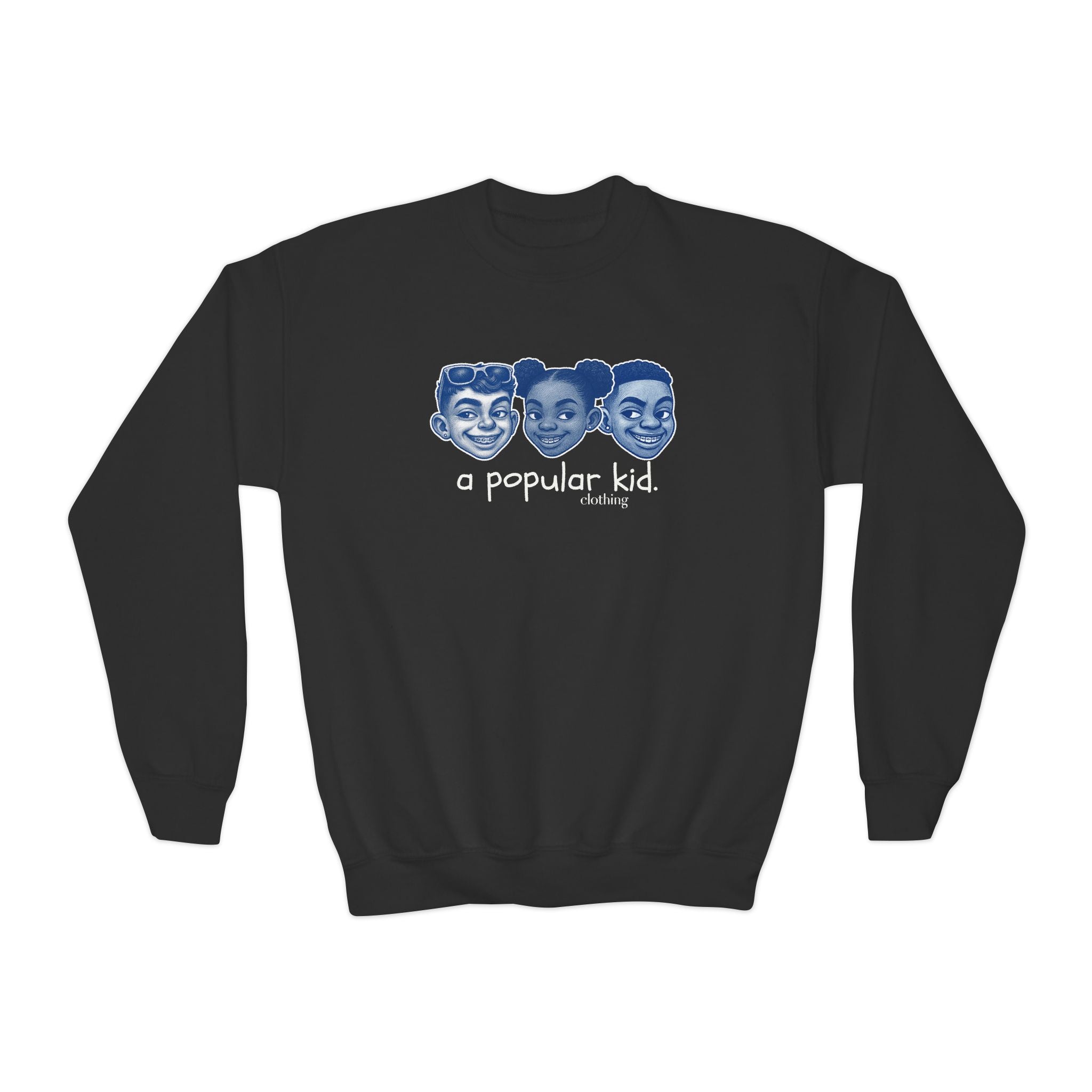 A Popular Kid Youth Crewneck Sweatshirt — Retro Cartoon Faces "A Popular Kid" Graphic