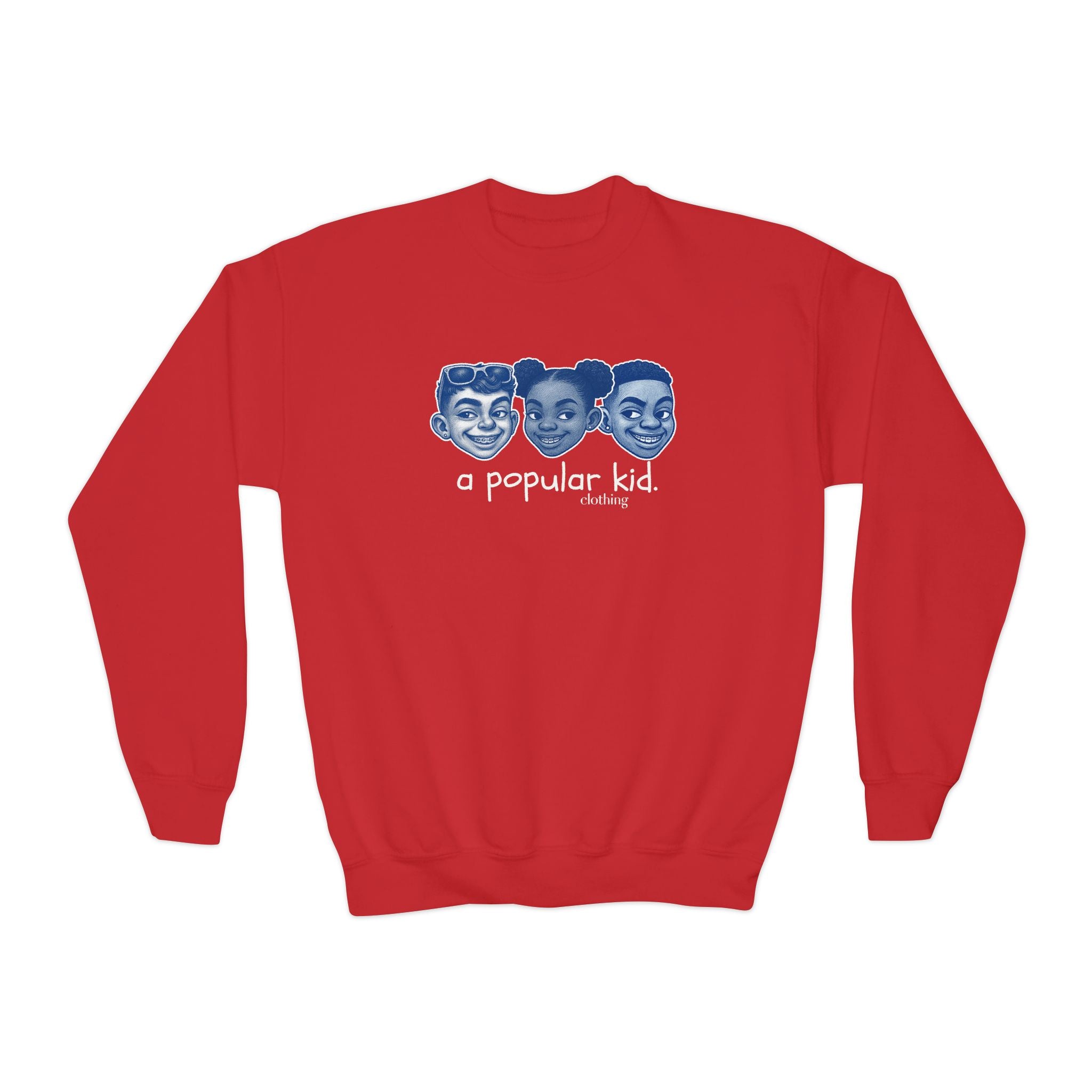 A Popular Kid Youth Crewneck Sweatshirt — Retro Cartoon Faces "A Popular Kid" Graphic