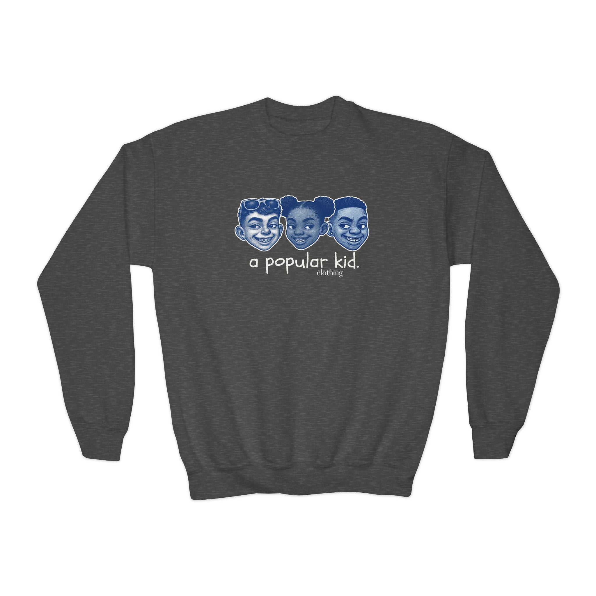 A Popular Kid Youth Crewneck Sweatshirt — Retro Cartoon Faces "A Popular Kid" Graphic