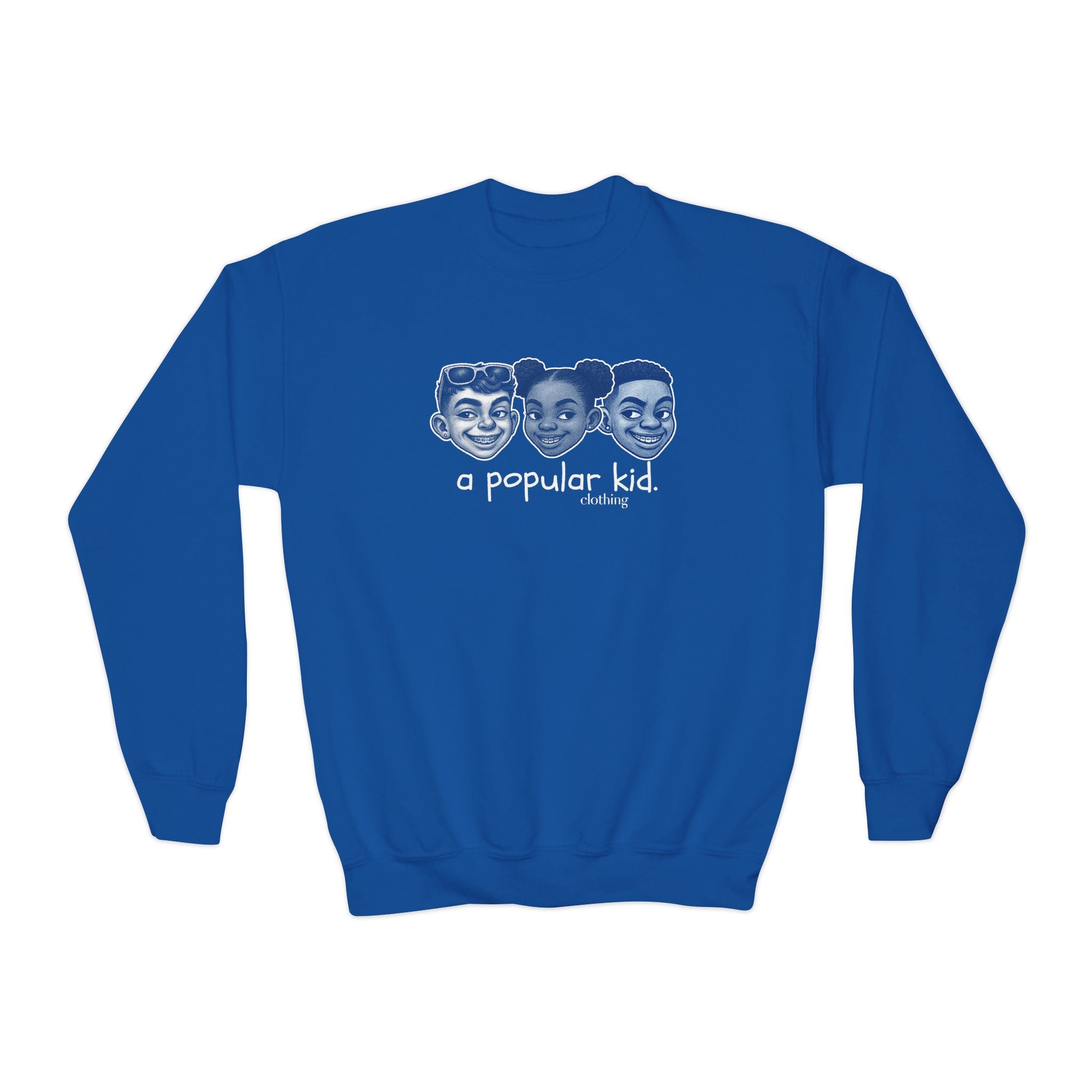 A Popular Kid Youth Crewneck Sweatshirt — Retro Cartoon Faces "A Popular Kid" Graphic